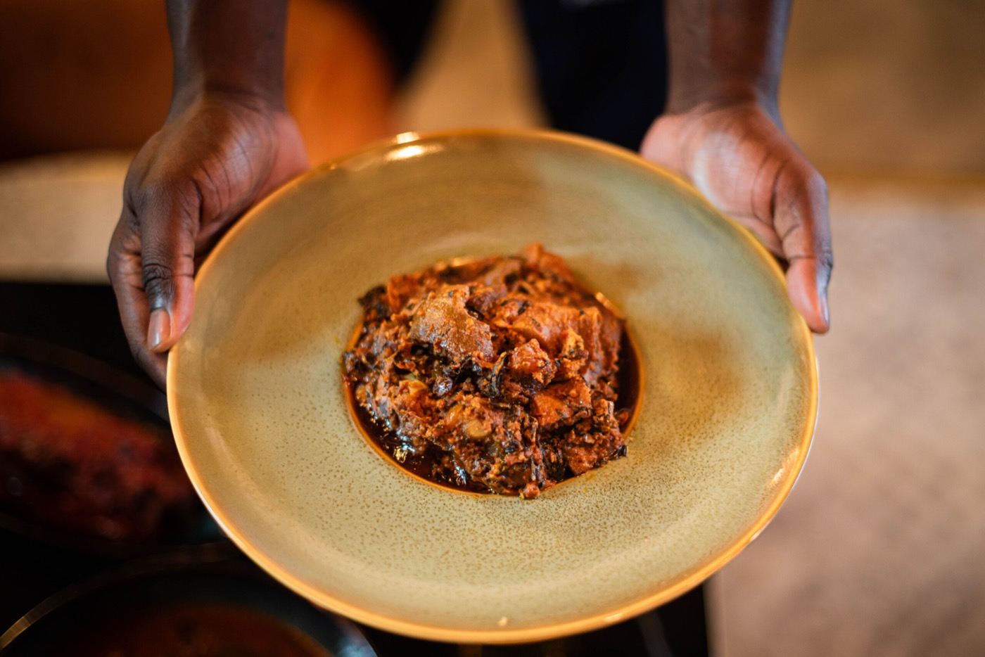 Two hands holding out a wide bowl of stew