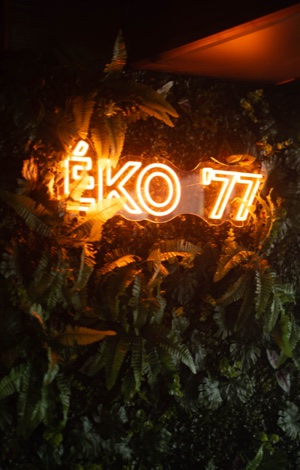 ÉKO '77 spelled in neon on a wall of ferns